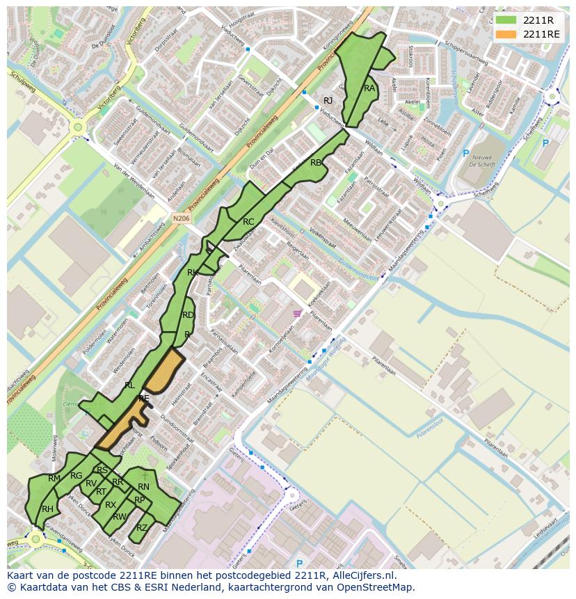 Afbeelding van het postcodegebied 2211 RE op de kaart.