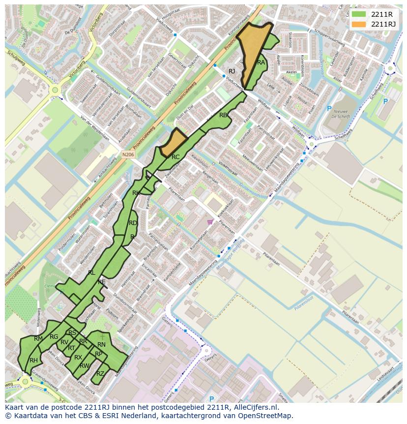 Afbeelding van het postcodegebied 2211 RJ op de kaart.