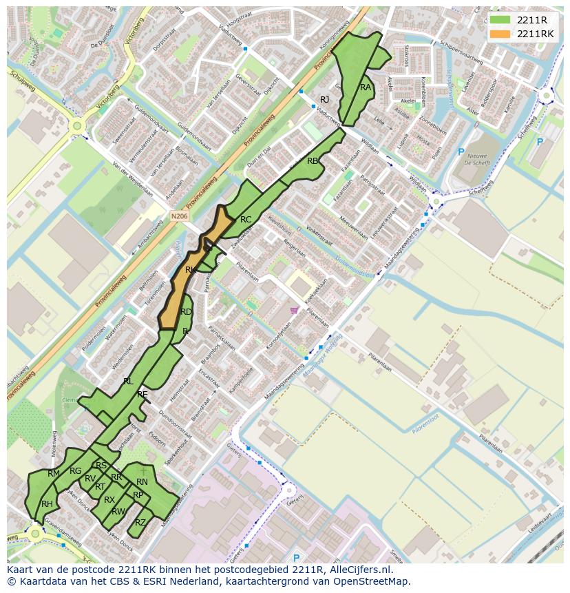 Afbeelding van het postcodegebied 2211 RK op de kaart.