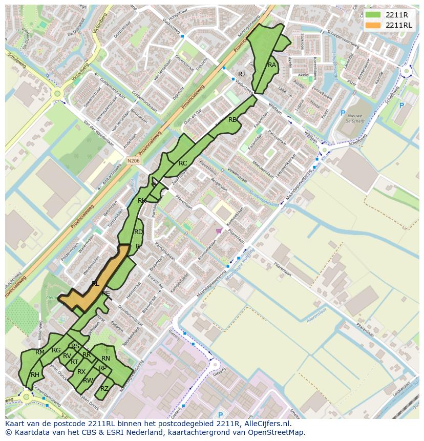 Afbeelding van het postcodegebied 2211 RL op de kaart.