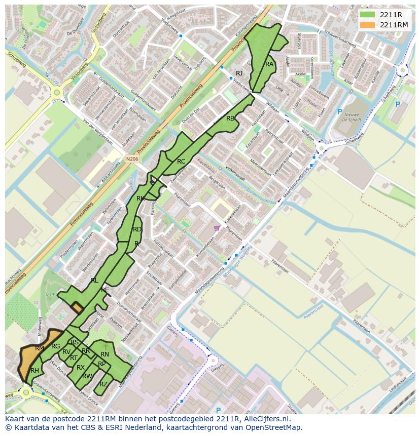 Afbeelding van het postcodegebied 2211 RM op de kaart.