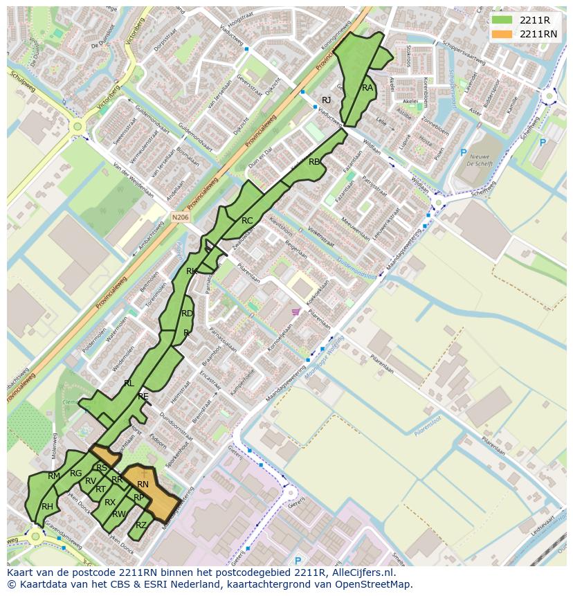 Afbeelding van het postcodegebied 2211 RN op de kaart.