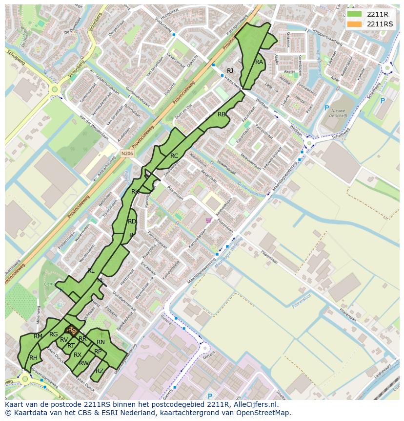 Afbeelding van het postcodegebied 2211 RS op de kaart.