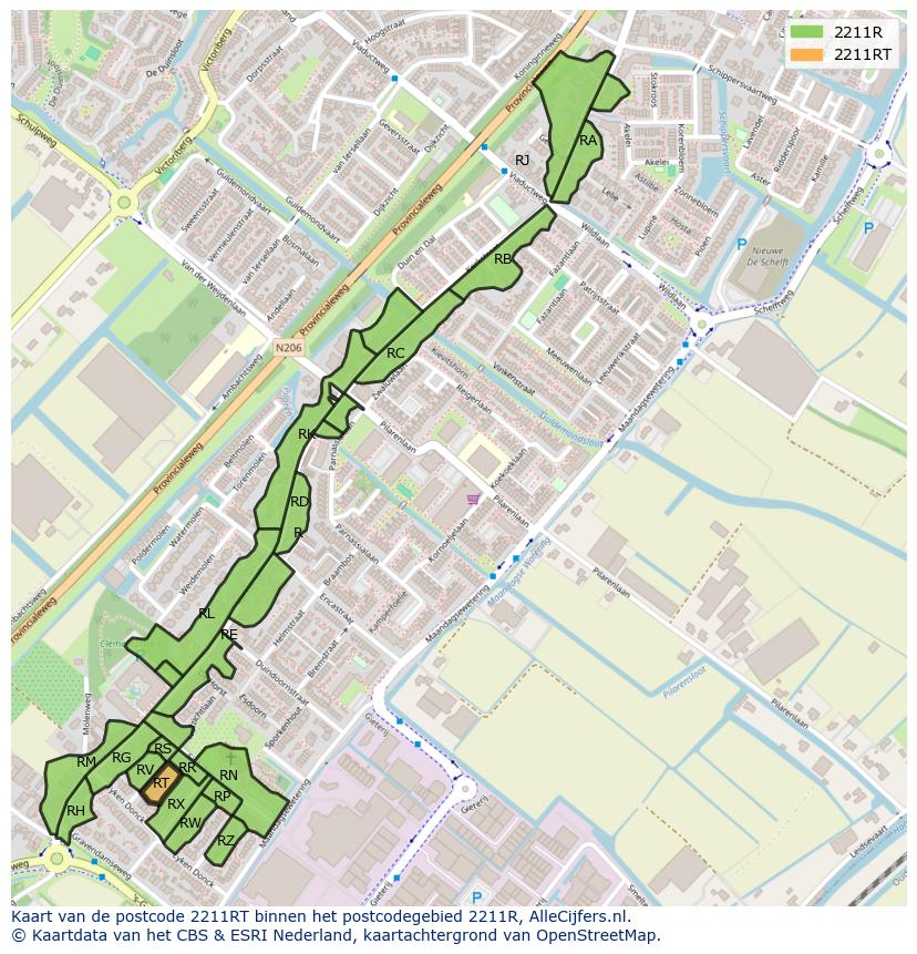 Afbeelding van het postcodegebied 2211 RT op de kaart.
