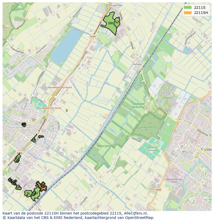 Afbeelding van het postcodegebied 2211 SH op de kaart.