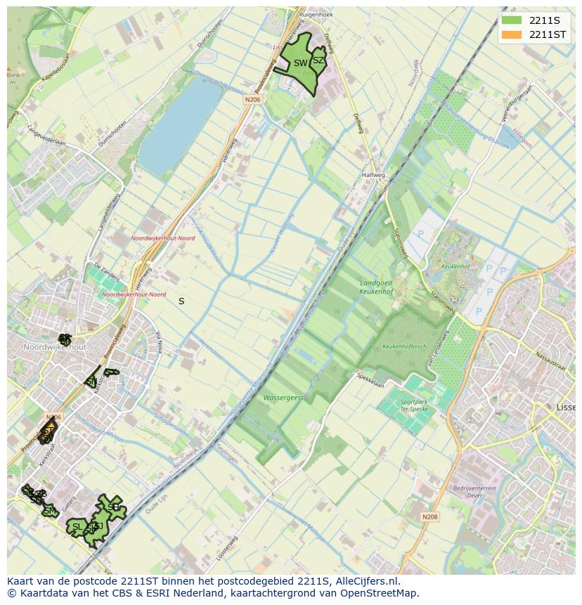 Afbeelding van het postcodegebied 2211 ST op de kaart.