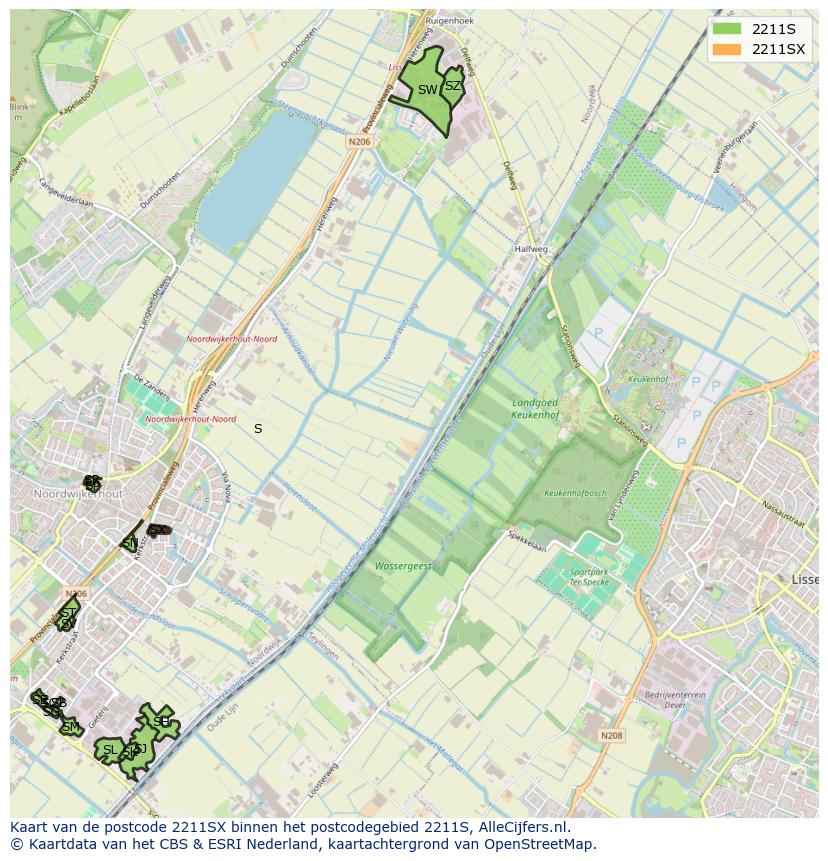 Afbeelding van het postcodegebied 2211 SX op de kaart.