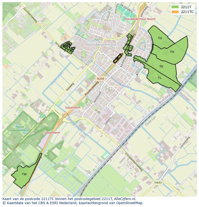 Afbeelding van het postcodegebied 2211 TC op de kaart.