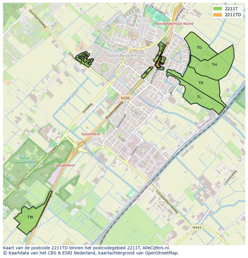 Afbeelding van het postcodegebied 2211 TD op de kaart.