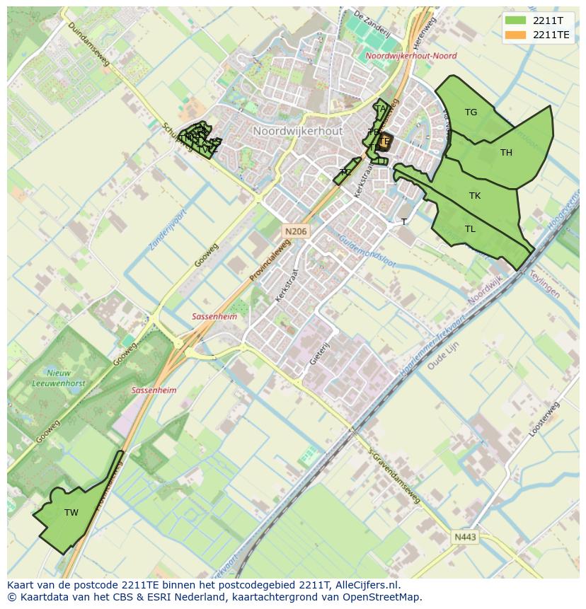 Afbeelding van het postcodegebied 2211 TE op de kaart.