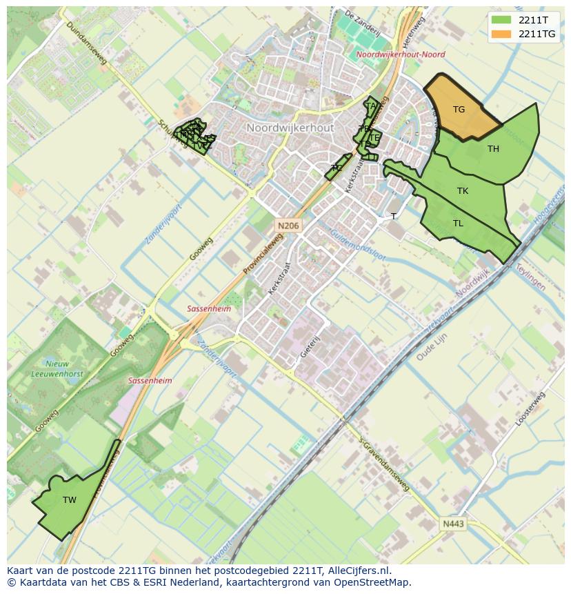 Afbeelding van het postcodegebied 2211 TG op de kaart.