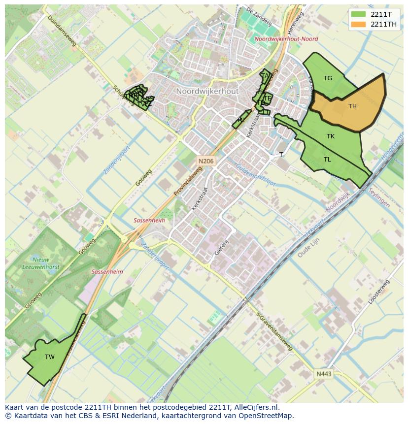 Afbeelding van het postcodegebied 2211 TH op de kaart.
