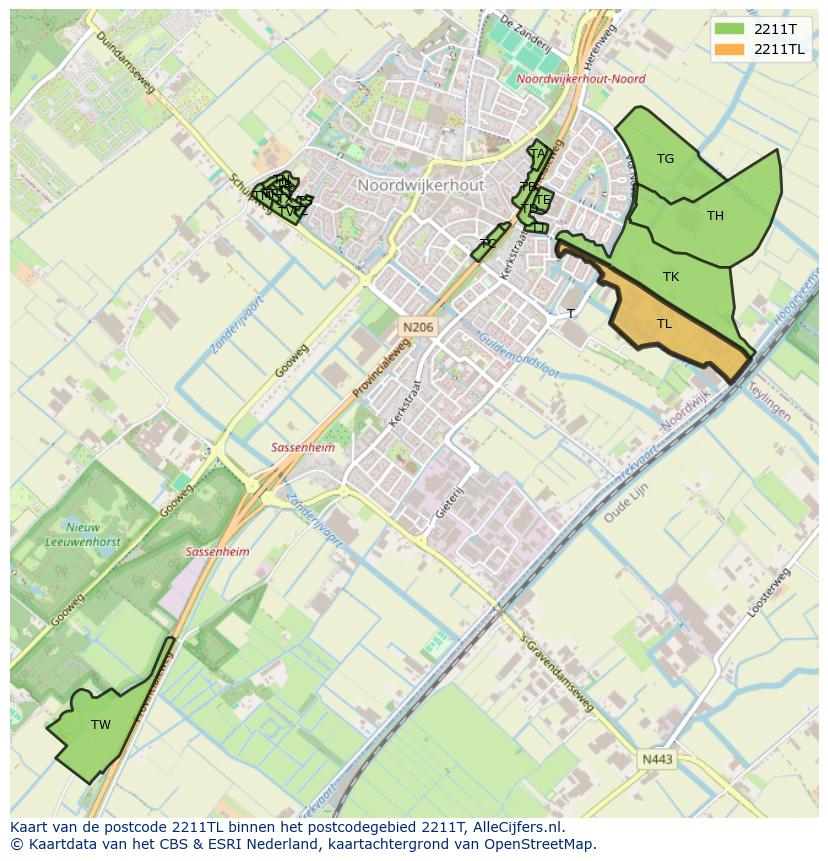 Afbeelding van het postcodegebied 2211 TL op de kaart.