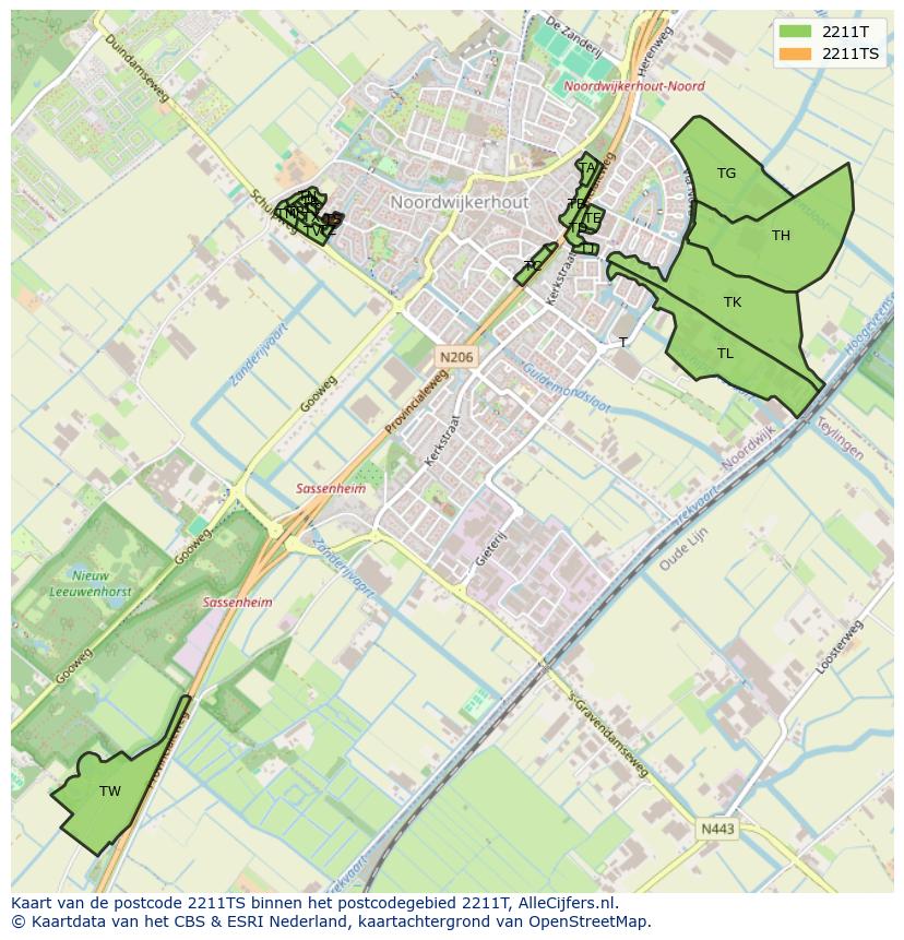 Afbeelding van het postcodegebied 2211 TS op de kaart.