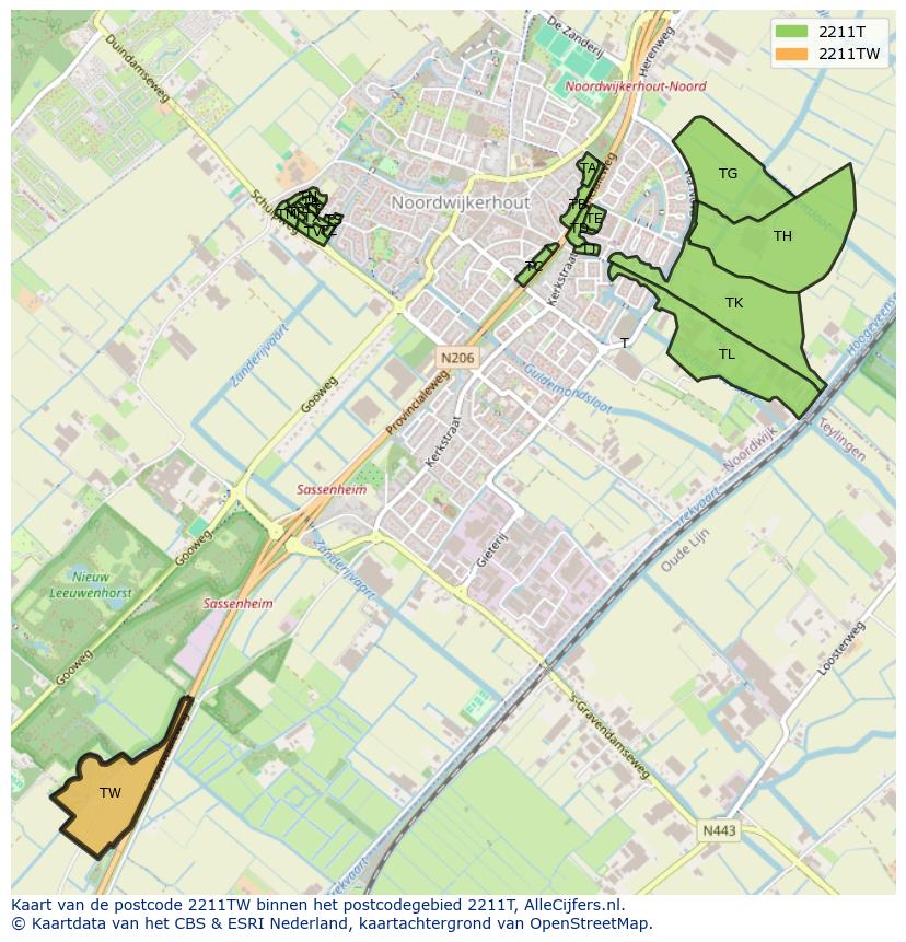 Afbeelding van het postcodegebied 2211 TW op de kaart.