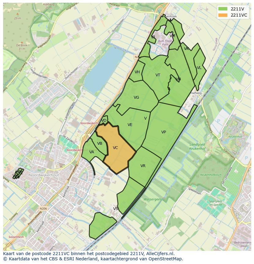Afbeelding van het postcodegebied 2211 VC op de kaart.