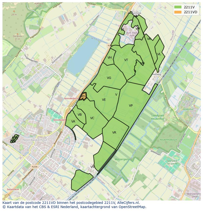 Afbeelding van het postcodegebied 2211 VD op de kaart.
