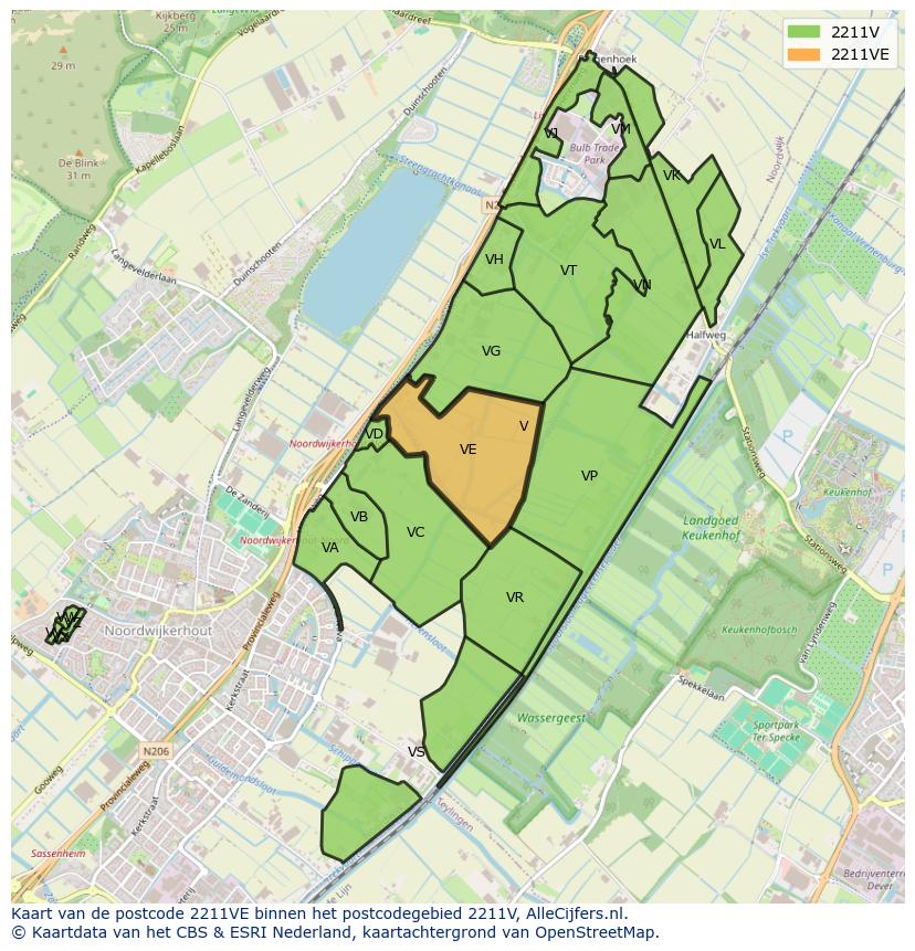 Afbeelding van het postcodegebied 2211 VE op de kaart.