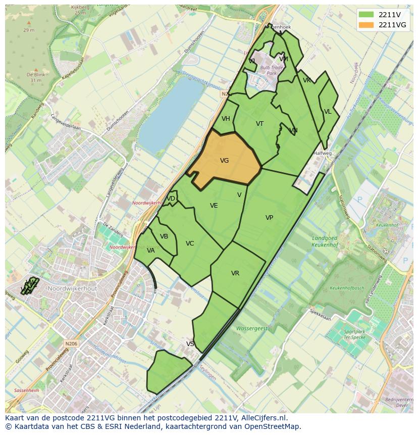 Afbeelding van het postcodegebied 2211 VG op de kaart.