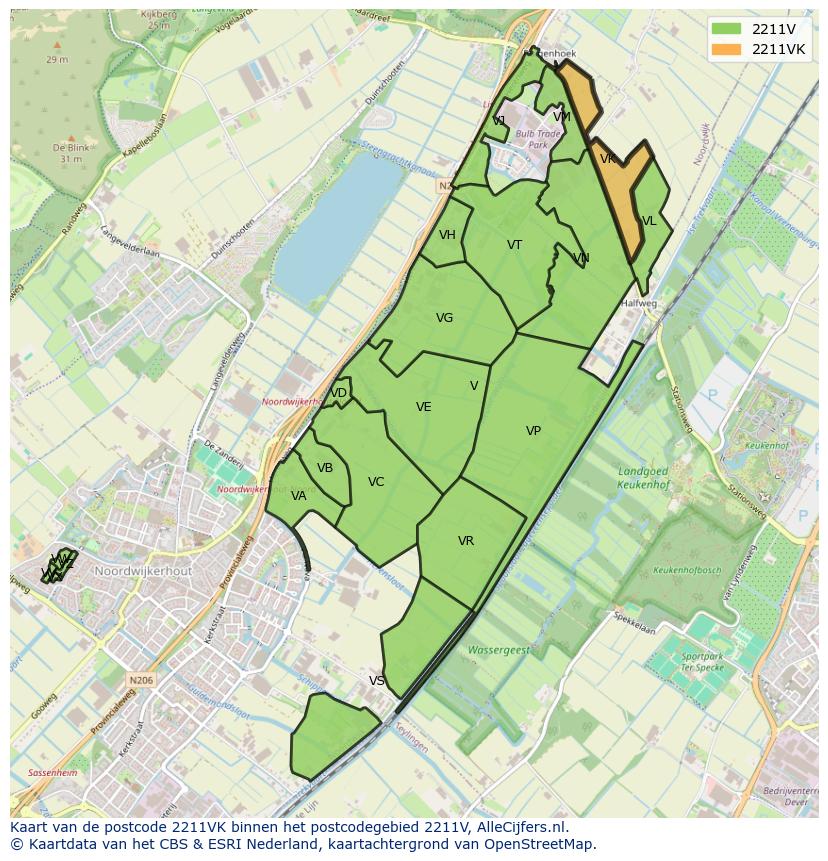 Afbeelding van het postcodegebied 2211 VK op de kaart.