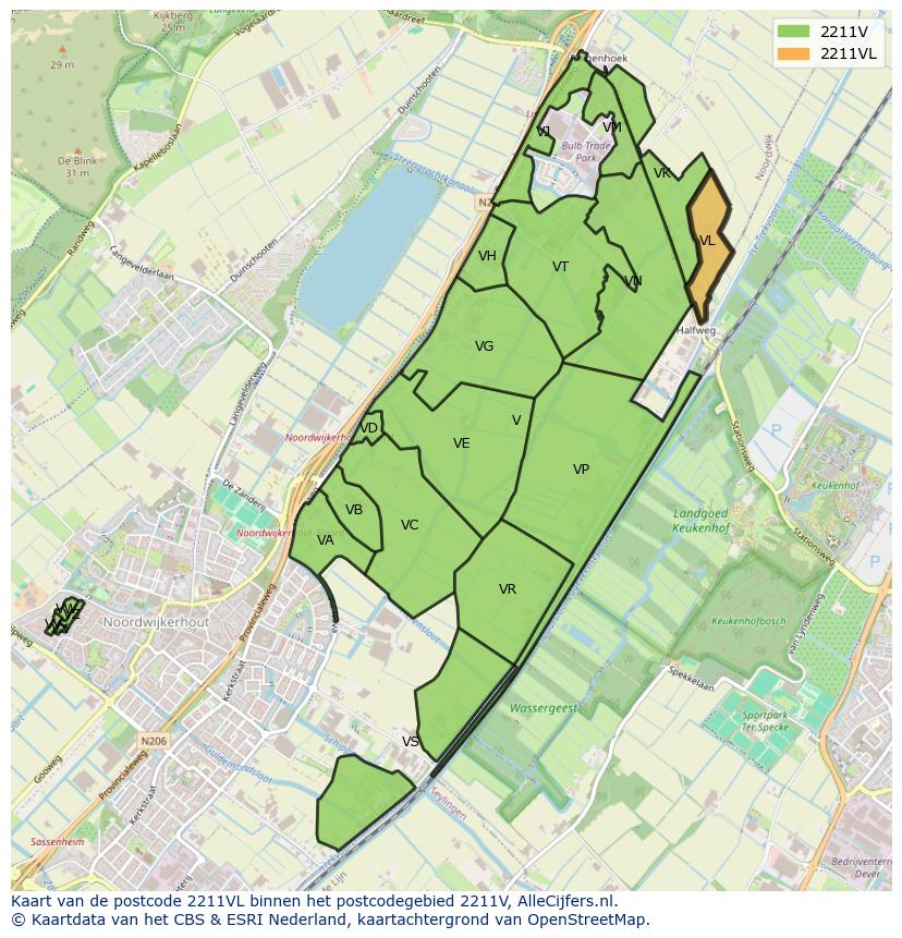 Afbeelding van het postcodegebied 2211 VL op de kaart.
