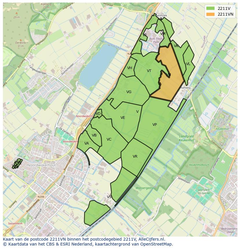 Afbeelding van het postcodegebied 2211 VN op de kaart.