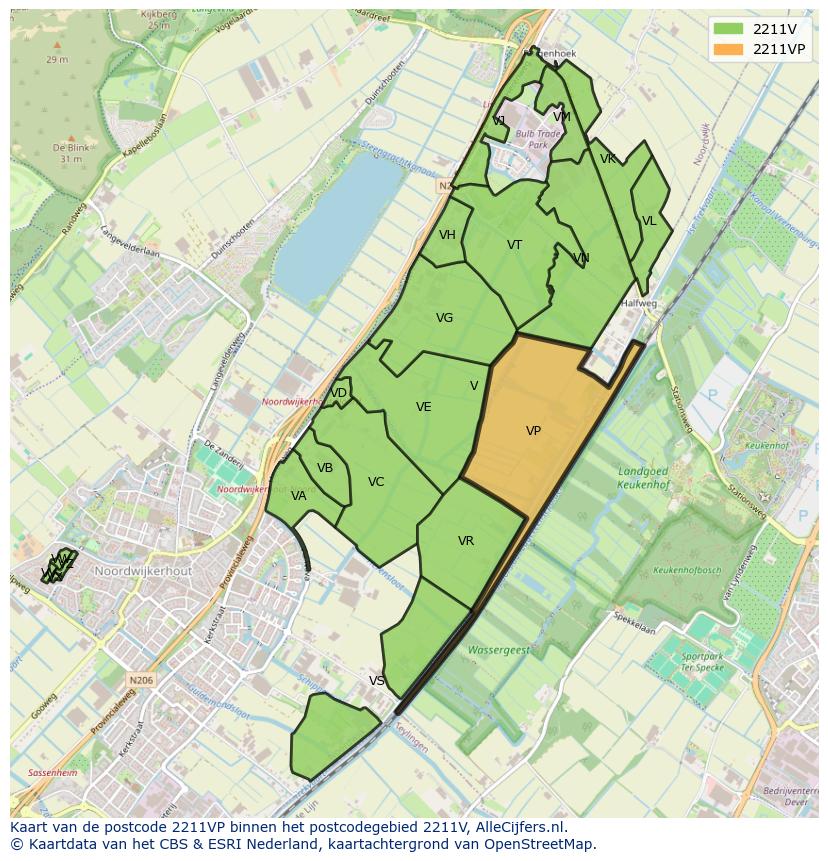Afbeelding van het postcodegebied 2211 VP op de kaart.