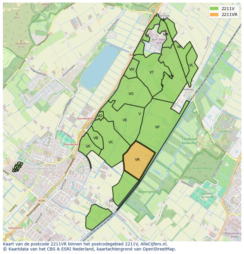 Afbeelding van het postcodegebied 2211 VR op de kaart.
