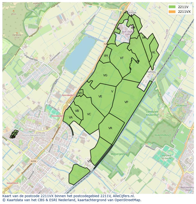 Afbeelding van het postcodegebied 2211 VX op de kaart.