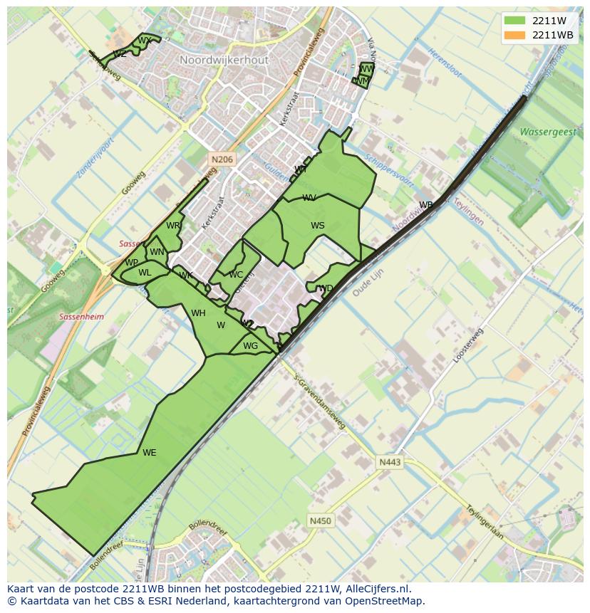 Afbeelding van het postcodegebied 2211 WB op de kaart.
