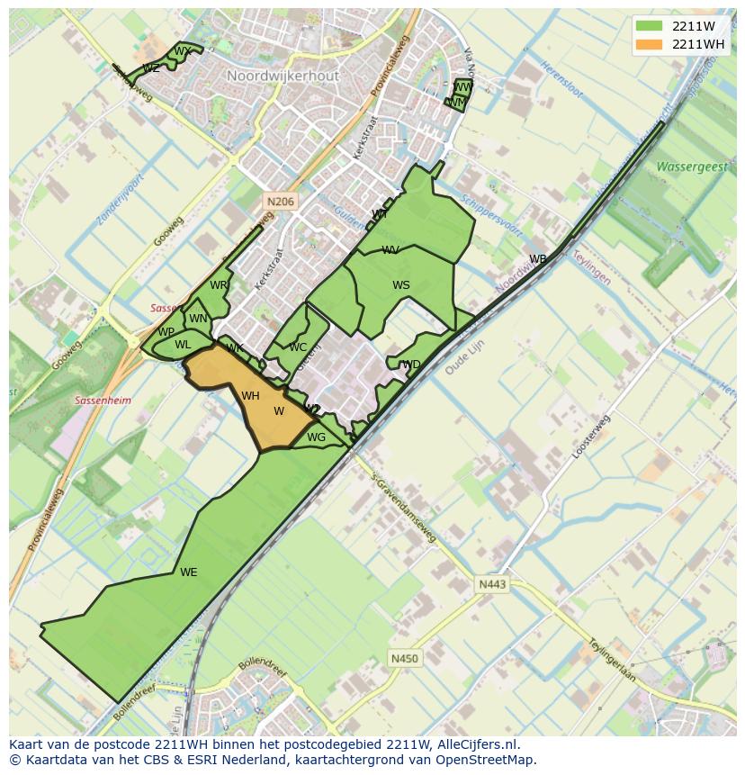 Afbeelding van het postcodegebied 2211 WH op de kaart.