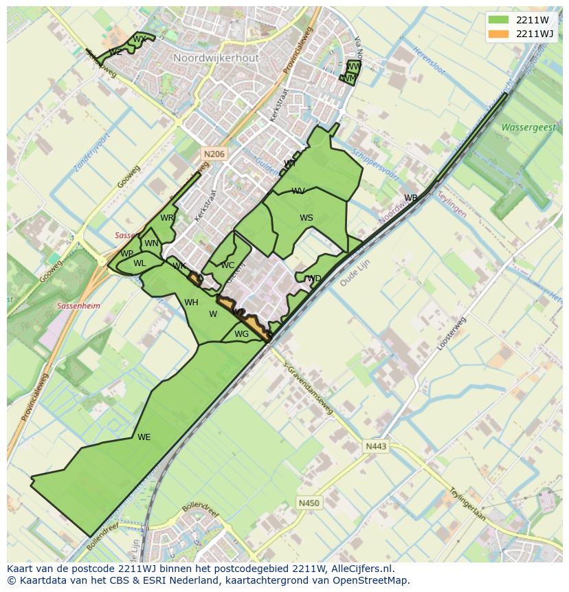 Afbeelding van het postcodegebied 2211 WJ op de kaart.