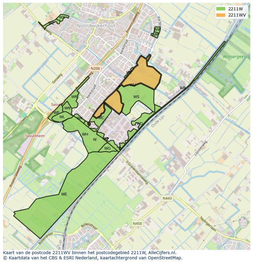 Afbeelding van het postcodegebied 2211 WV op de kaart.
