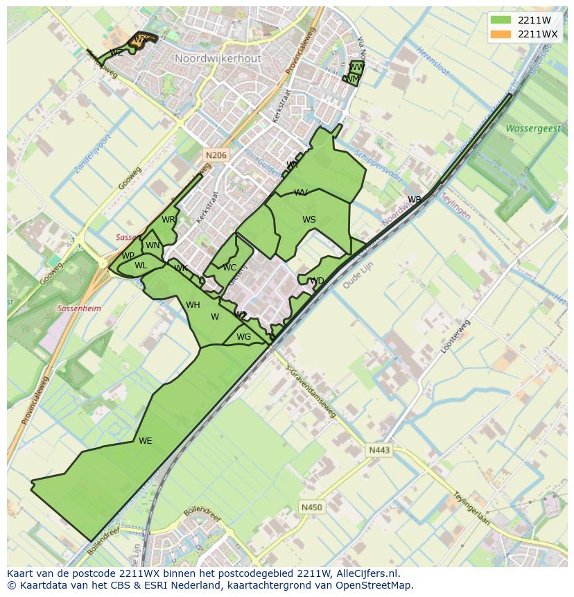 Afbeelding van het postcodegebied 2211 WX op de kaart.