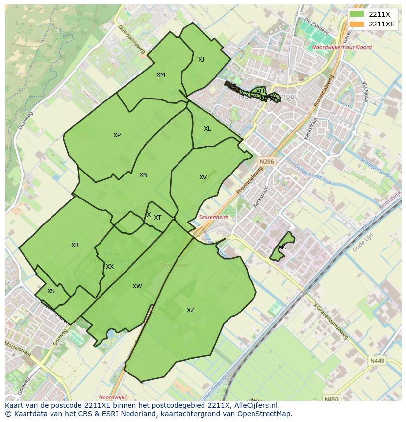 Afbeelding van het postcodegebied 2211 XE op de kaart.