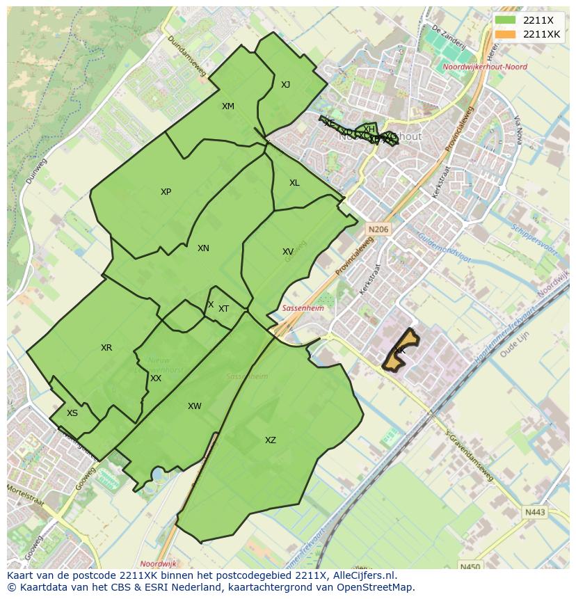 Afbeelding van het postcodegebied 2211 XK op de kaart.