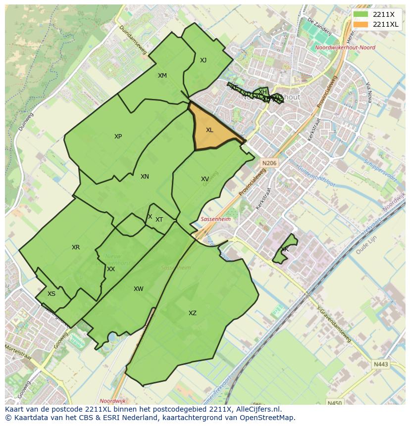 Afbeelding van het postcodegebied 2211 XL op de kaart.