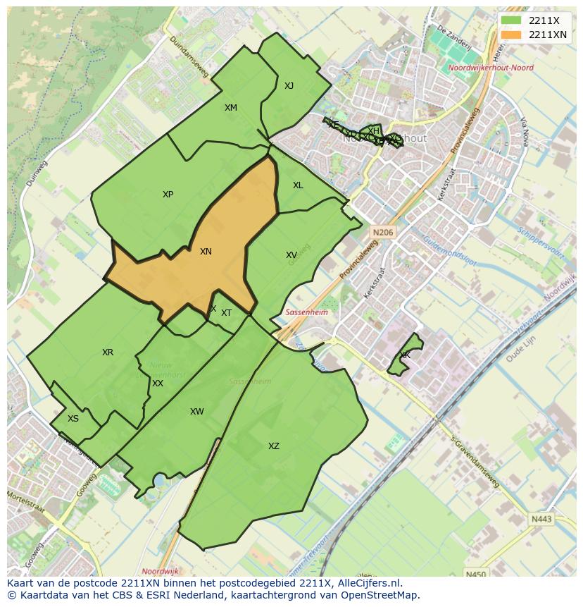 Afbeelding van het postcodegebied 2211 XN op de kaart.