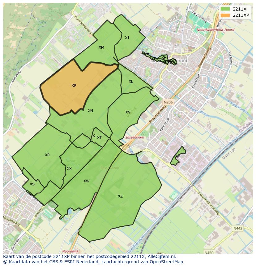 Afbeelding van het postcodegebied 2211 XP op de kaart.