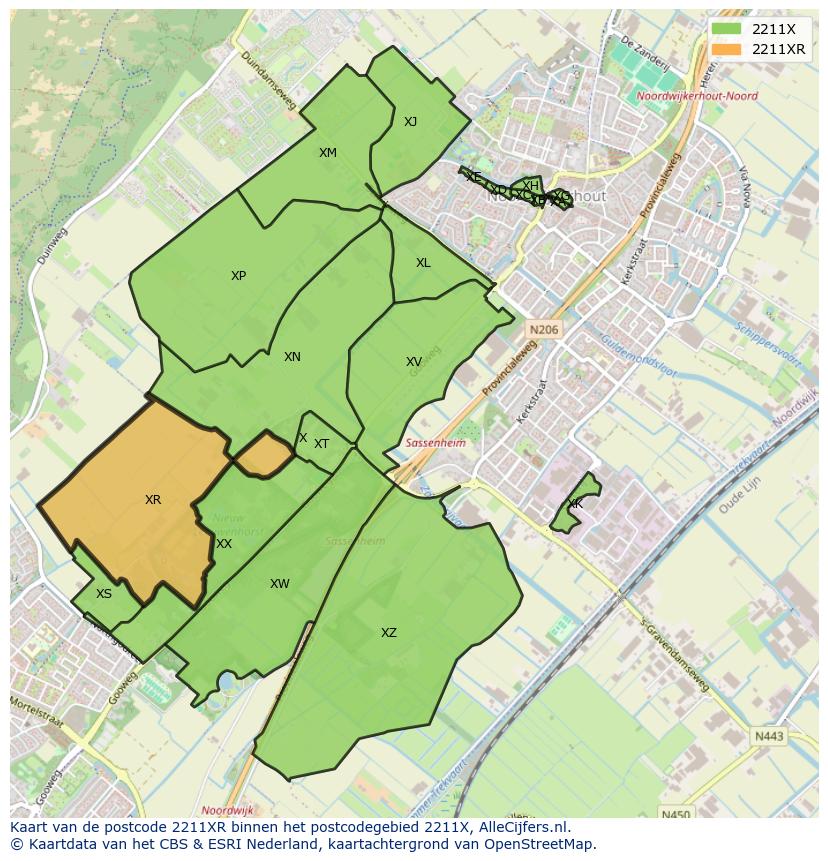 Afbeelding van het postcodegebied 2211 XR op de kaart.