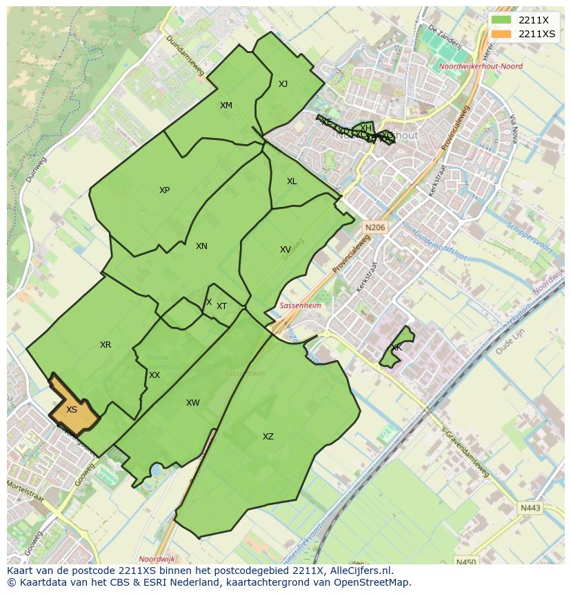 Afbeelding van het postcodegebied 2211 XS op de kaart.