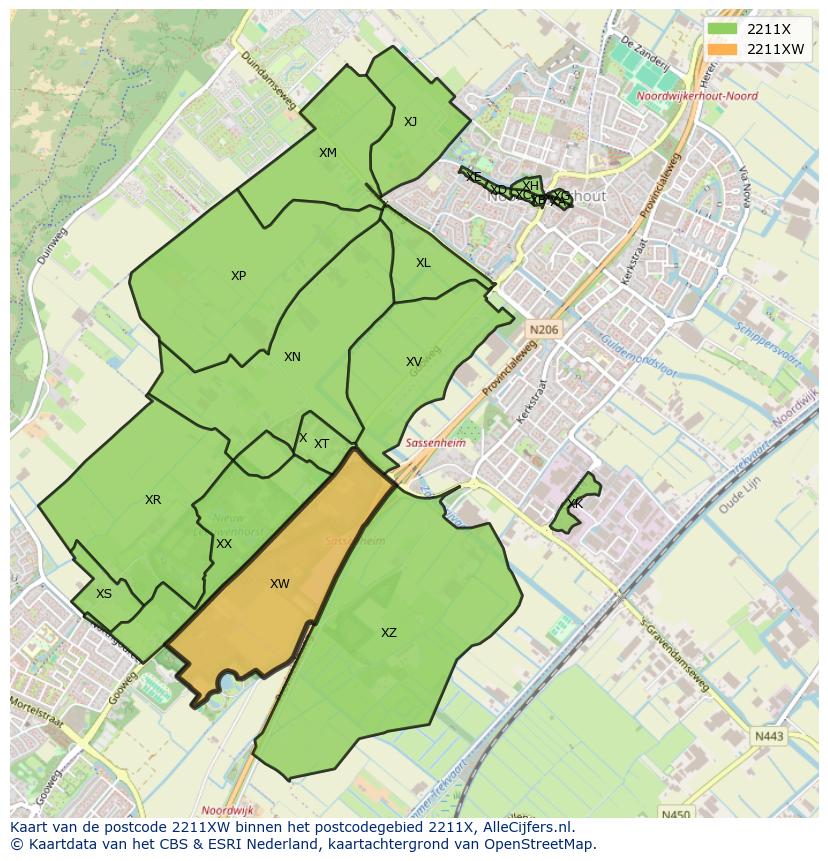 Afbeelding van het postcodegebied 2211 XW op de kaart.