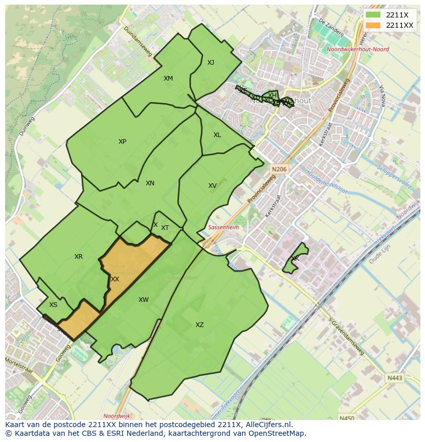 Afbeelding van het postcodegebied 2211 XX op de kaart.