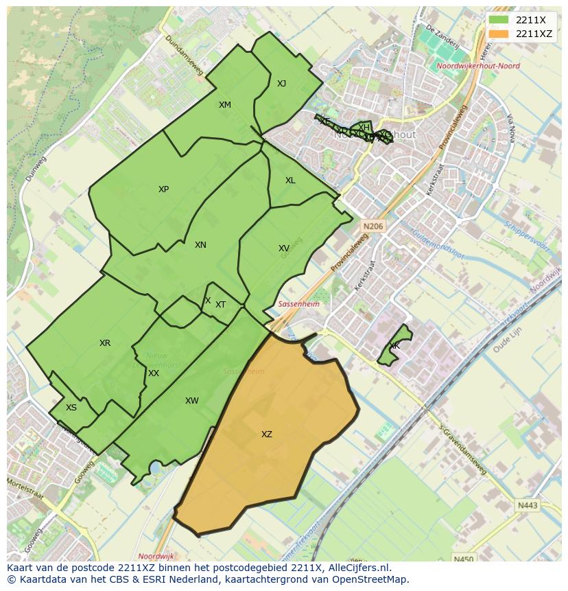 Afbeelding van het postcodegebied 2211 XZ op de kaart.