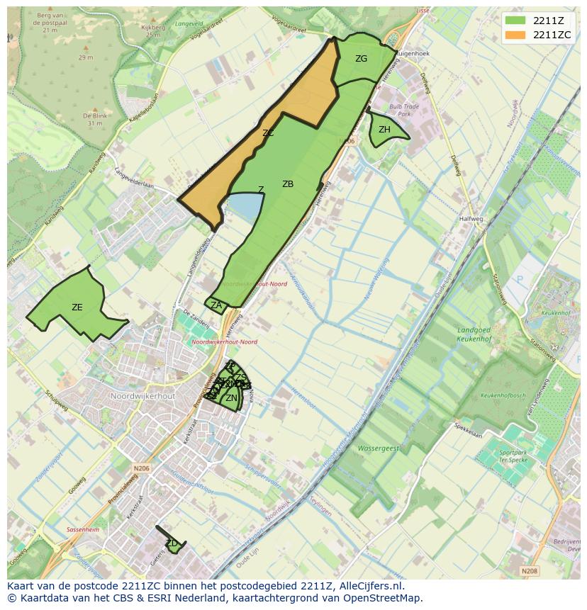 Afbeelding van het postcodegebied 2211 ZC op de kaart.