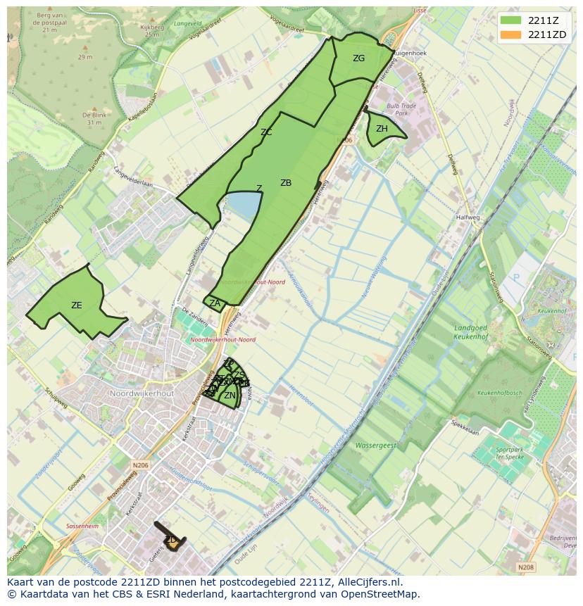 Afbeelding van het postcodegebied 2211 ZD op de kaart.