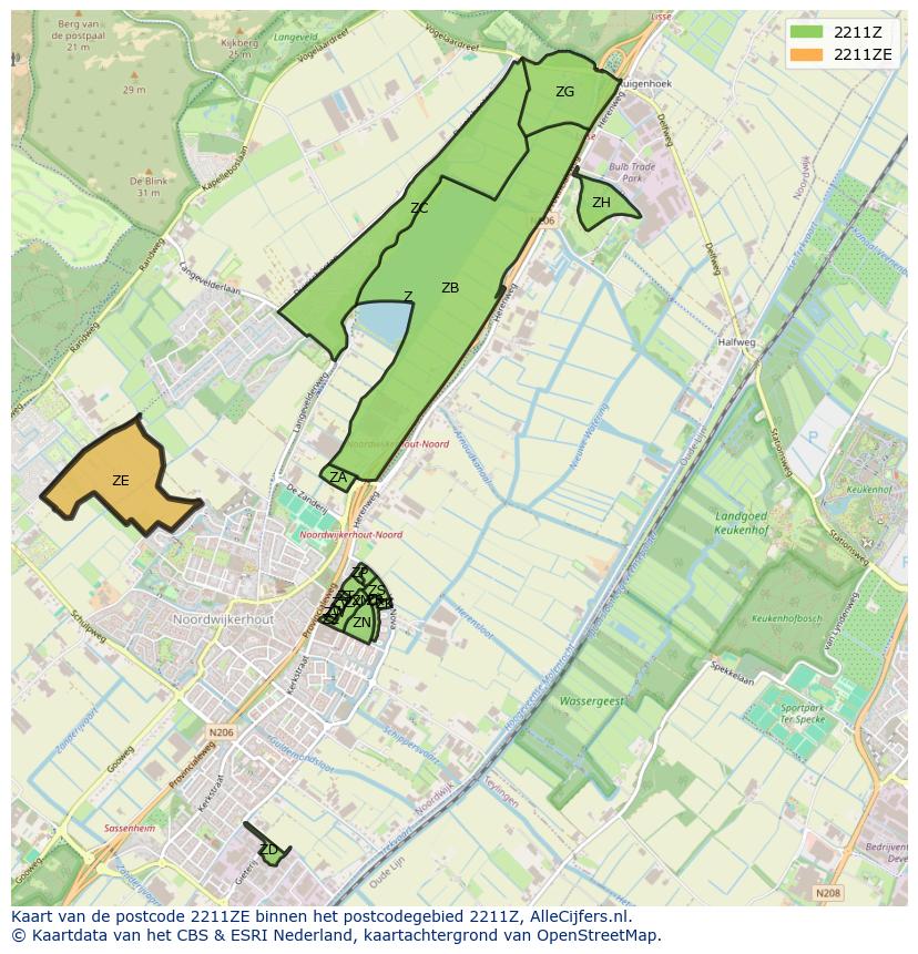 Afbeelding van het postcodegebied 2211 ZE op de kaart.