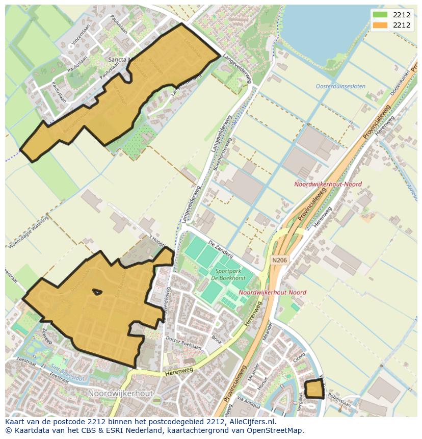 Afbeelding van het postcodegebied 2212 op de kaart.