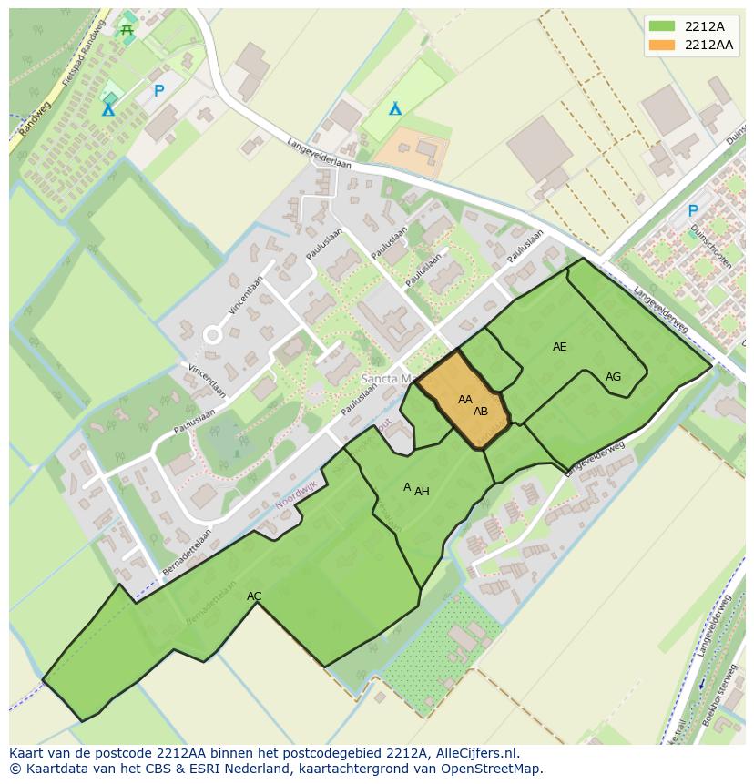 Afbeelding van het postcodegebied 2212 AA op de kaart.