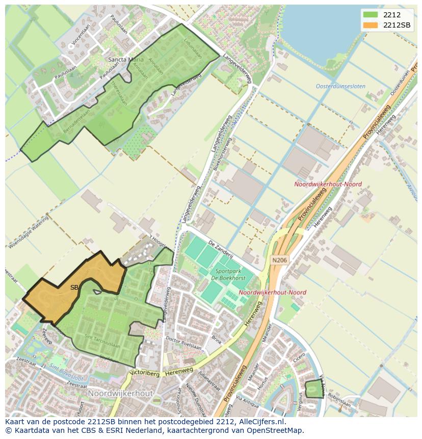 Afbeelding van het postcodegebied 2212 SB op de kaart.